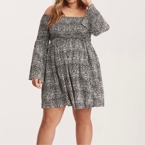 Abstract Print Smocked Bell Sleeve Dress